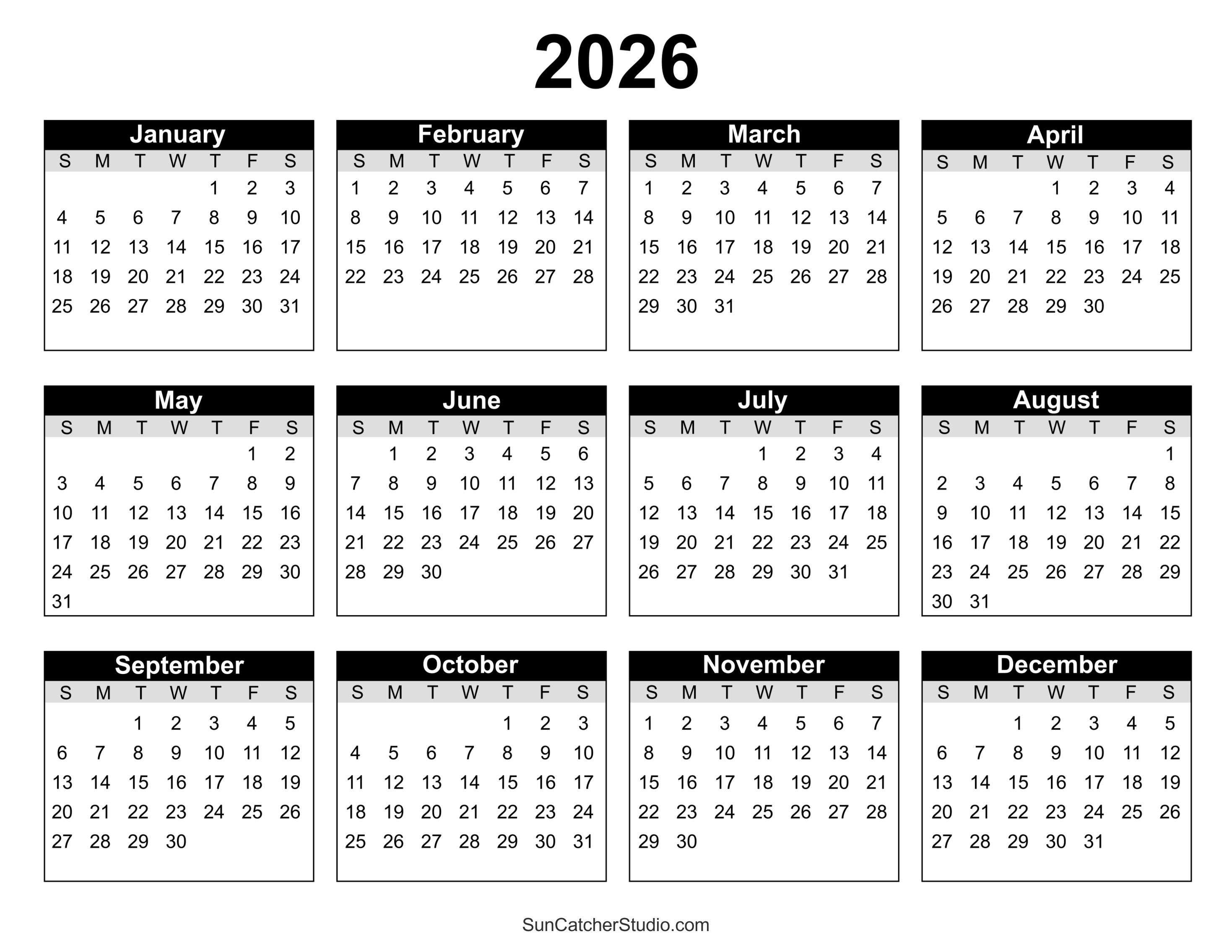 free printable 2026 yearly calendar – free printables, lettering